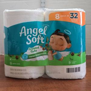 lot 545 image: Angel Soft 8 Mega  32 Reg Rolls Toilet Paper with Fresh Evergreen Scented Tube - Retail $16