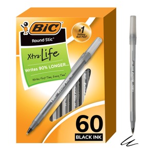 lot 617 image: BIC Round Stic Xtra Life Ballpoint Pen  Medium Point 1.0 mm  Black Ink - 60 Pack