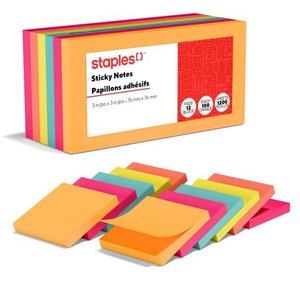 lot 619 image: Staples Stickies Notes 3  x 3  Bright Colors 12 PadsPack (S-33BR12) 565447 - Retail $12