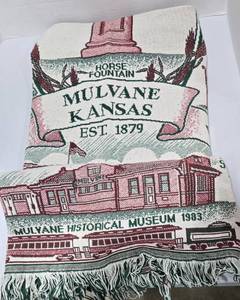 lot 632 image: Mulvane Kansas Woven Tapestry Throw Blanket. Has some stains