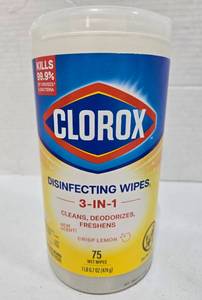 lot 654 image: Clorox Disinfecting Wipes 3-in-1 Crisp Lemon 75 Count - Retail $5