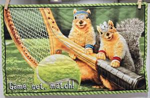 lot 679 image: Game Set Match Tennis Playing Squirels 22 x 14 inch Quilted Wall Hanging