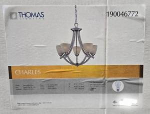 lot 683 image: Thomas Lighting Charles 5-Light Chandelier in Moonlight Silver, Retail $170.  Box opened for pictures