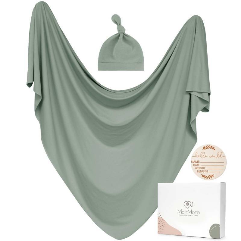 lot 63035 image: Baby Swaddle Receiving Blankets with Matching Beanie Set Newborn Nursery Swaddle Wrap for Baby Girls and Boys (Green) - Retail $15