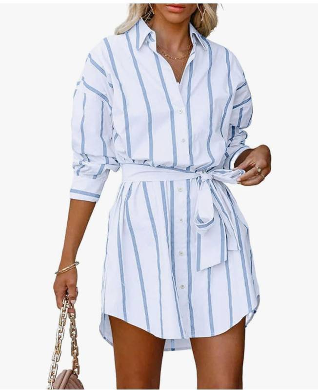 lot 72639 image: Women Summer Casual Stripe Tunic Dress Loose Button Down Shirt Short Dress with Belt size L - Retail $15