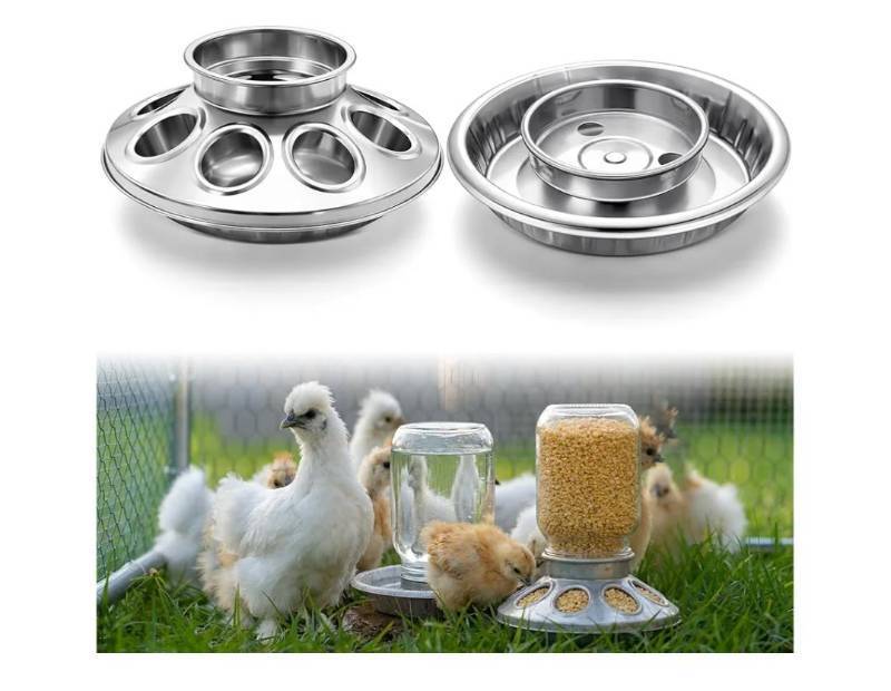 lot 16899 image: 2 Pcs Baby Chick Feeder and Waterer Base, Galvanized Steel Feeding Tray with 8 Holes, 1 Quart Compatible with Mason Jars & Standard Jars for Small Birds Chicks(Feeder and Waterer) - Retail $24