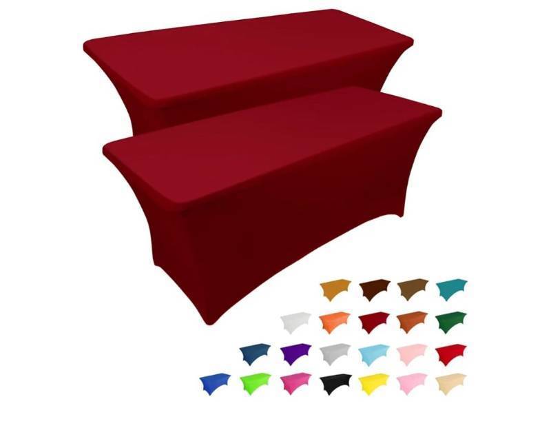 lot 16913 image: 2 Pack 6FT Table Cloth for Rectangular Fitted Events Stretch Burgundy Table Covers Washable Spandex Tablecloth Protector for Party, Wedding, Cocktail, Banquet, Festival - Retail $27