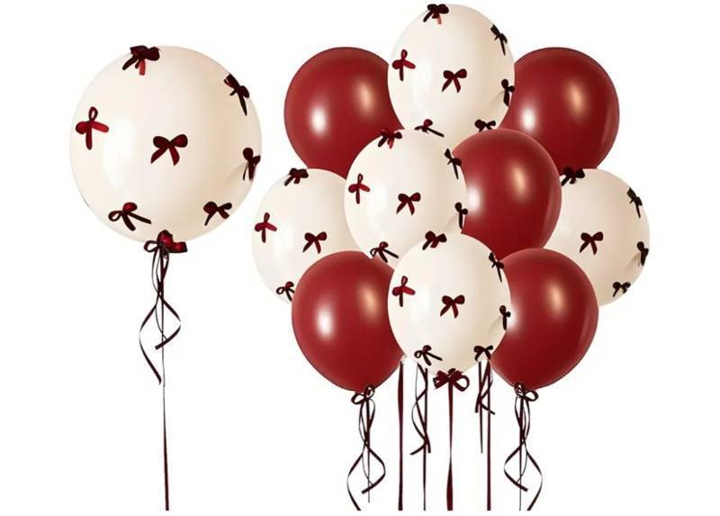 lot 16920 image: Burgundy Bow Balloons Red and White Balloons with Bows Party Decorations Wine Red Bow Balloons BoBo Balloons Coquette Bow Party Women Birthday Decor Bridal Shower Bridal Engagement Party Decorations - Retail $13