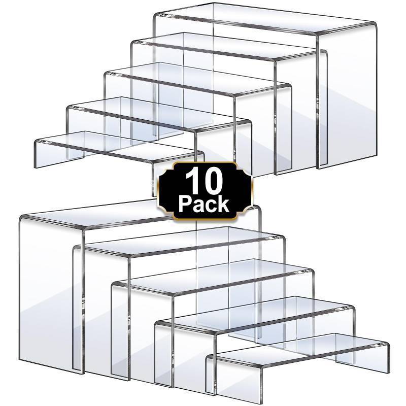 lot 16984 image: Large Acrylic Risers, 10 Pcs 2 Set(7L8L9L) Riser Display Shelf, Clear Rectangular Display Stands Set, Transparent Shelves for Decor, Showcase Holder for Cupcake - Retail $23