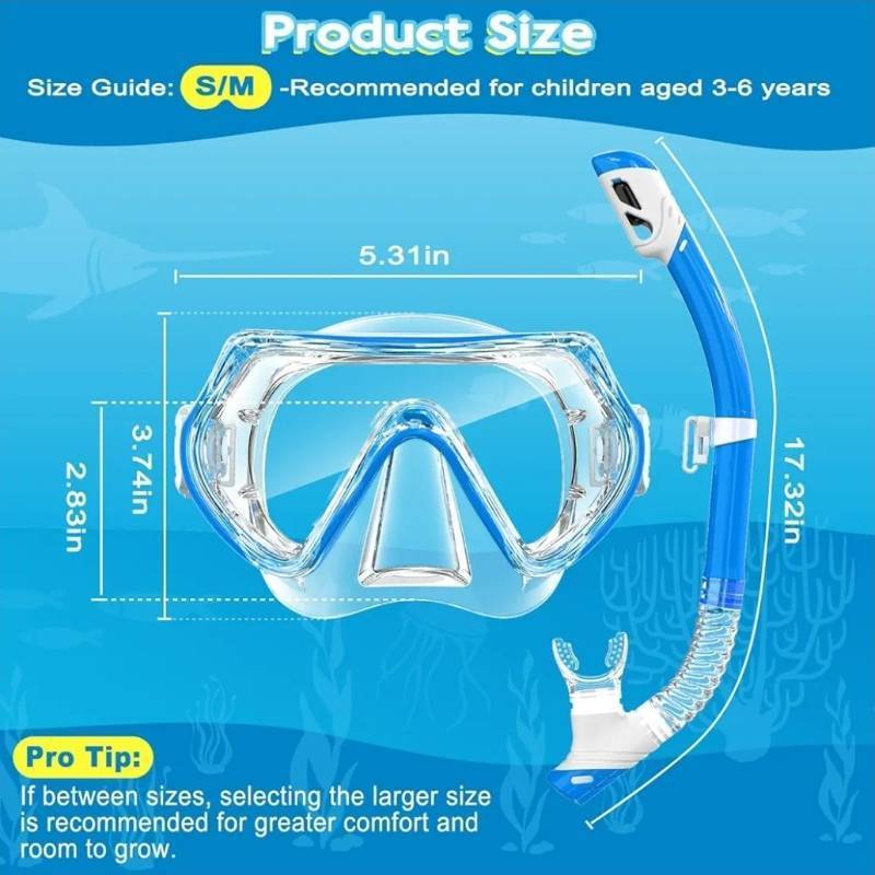 lot 27317 image: 2 Set Kids Snorkeling Gear for Ages 3-14, Anti-Fog 180° Clear View Dry Top Snorkel Set, Swimming Mask with Nose Cover & Tempered Glass Goggle for Youth Boys Girls Junior(2mouse pieces1 goggle) - Retail $30