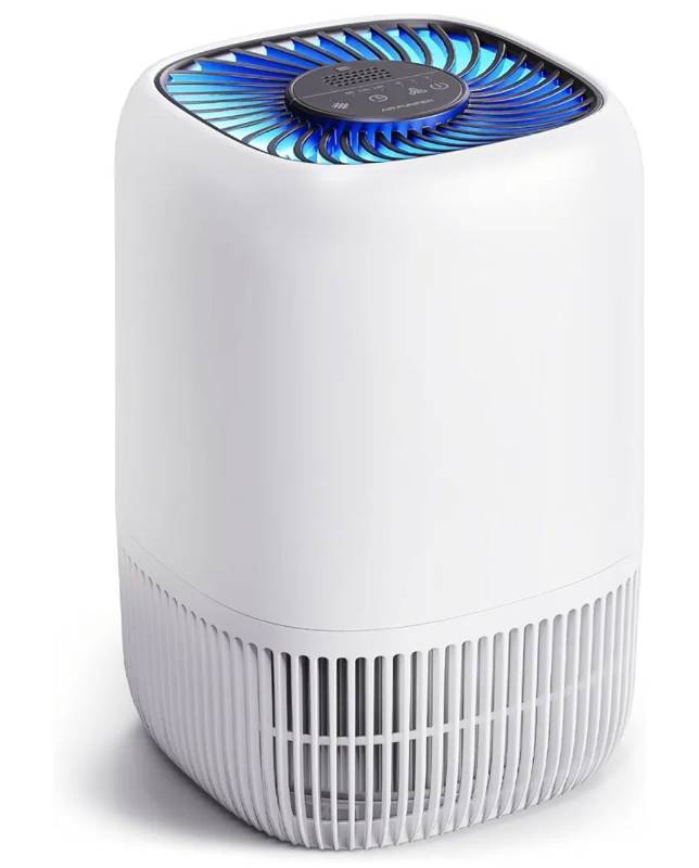lot 37493 image: Air Purifiers for Home with High Efficiency Filter Up to 1076 Ft� for Pet Hair, Odors, Pollen, Smoke, Compact Air Cleaner with 3 Speeds, Timer, Aroma Quiet 360°Intake Filter, White - Retail $27