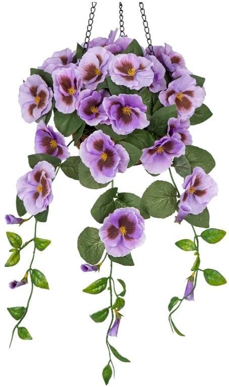 lot 37570 image: Artificial Hanging Basket Outdoor Light Purple Pansy Fake Flowers Realistic Silk Fall Bloom Faux Flowers Coconut Basket for Home Decor Indoor Farmhouse Balcony Patio Garden - Retail $18
