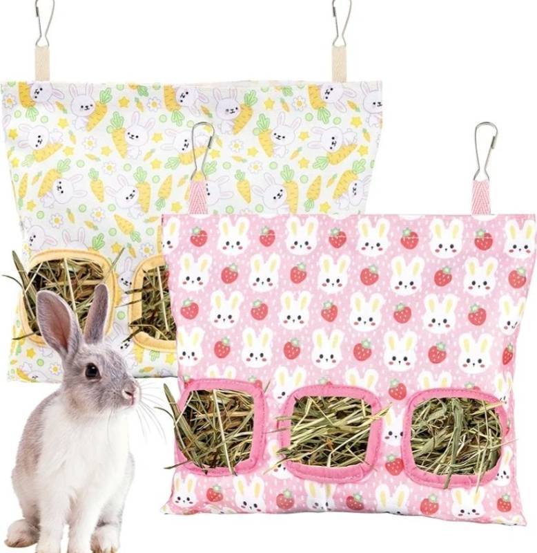 lot 57841 image: 2pcs Bunny hay feeder Rabbit hay feeder bag Hanging guinea pig hay bag Large capacity cotton canvas fabric hay bag for Rabbits Bunny Chinchillas Hamsters and Other Small Pets(3 Holes,2 styles) - Retail $10