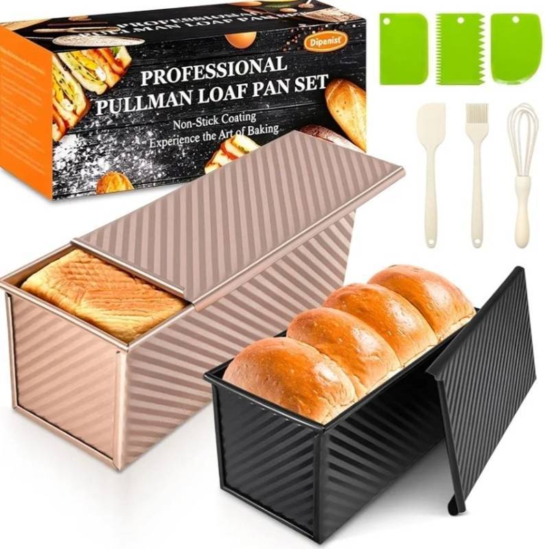 lot 57871 image: 2Pack Pullman Loaf Pans with Lids �� 2.2 LB & 1 LB Dough Capacity, Non-Stick Carbon Steel Bread Pans for Homemade Sandwich and Sourdough Bread, Corrugated Toast Mold - Retail $25