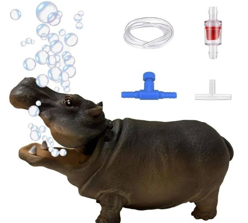 lot 57875 image: Fish Tank Bubbler Decorations Aquarium Ornament Kit with Air Stone Pump - Hippo Aquarium Decor (10ft Tube) - Retail $8