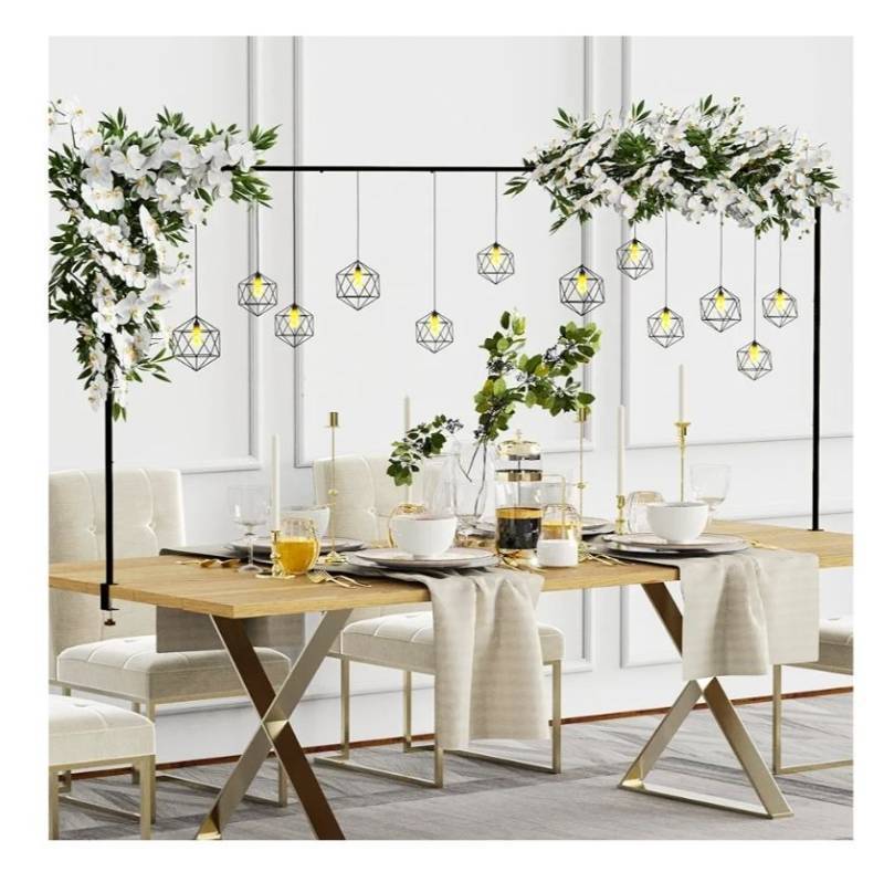 lot 57991 image: Over The Table Rod Stand with Clamps Black 13-42 Tall 29-98 Length Adjustable Metal Table Arch Hanging Rod Stand for Party Wedding Anniversary Christmas Decoration INSTRUCTIONS TORN - Retail $31