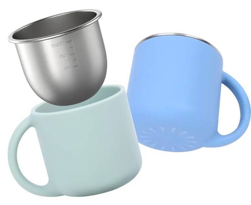 lot 27238 image: 2-IN-1 Open Toddler Cups, Stainless Steel Baby Cup  Silicone Training Cup for Toddlers Kids Babies, No Plastic  No Soap Smell  Shock-Proof Feeding Essentials, 2-Pack Bluepink - Retail $17