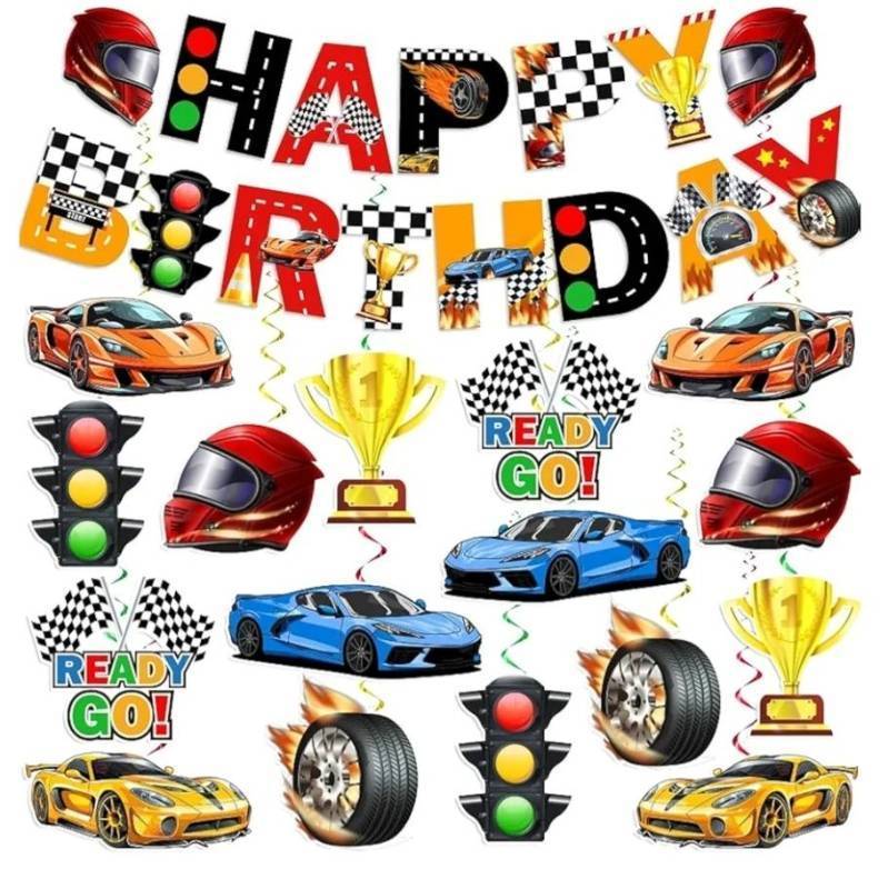 lot 27247 image: Race Car Themed Birthday Party Decorations for Boys and Adults - Includes Happy Birthday Banner and Hanging Swirls - Retail $14