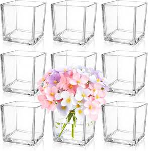 lot 7438 image: 9 Pack Square Glass Vase 4 x 4 x 4 in, Clear Flower Vase