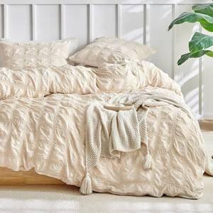 lot 7457 image: WARMDERN Seersucker Grid Duvet Cover Set King Size Beige 3pcs