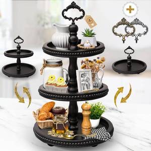 lot 7476 image: $68 Felt Creative Home Goods 3-in-1 Wooden Tiered Tray Stand, Beaded