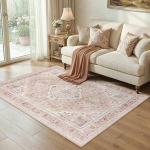 lot 7479 image: 5x7 Area Rug for Living Room, Washable Floral Non-Slip Pink