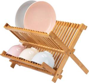 lot 7499 image: Lawei Collapsible Bamboo Dish Drying Rack - Plate Holder, Cup