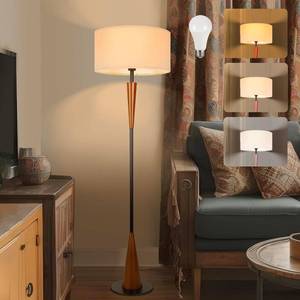 lot 7505 image: $70 61.5 Wood Floor Lamp Retro Farmhouse 9W Bulb 3-Color Temp Brown
