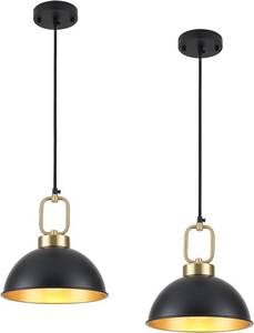 lot 7539 image: $70 Black Pendant Lights, 10.2 Dome, Black & Gold, 2-Pack
