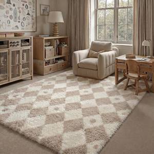lot 7552 image: $47 PureCozy Checkered Rug 5x8 Fluffy Shag Living Room Beige Area Rug