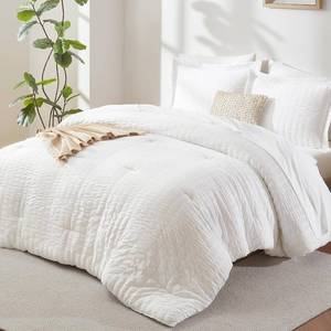 lot 7554 image: $50 CozyLux King Size Comforter Set - White, 7-Piece Bed in a Bag