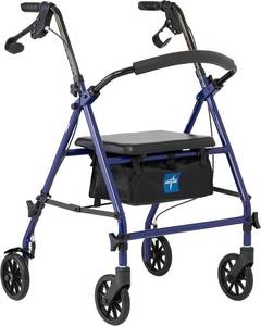 lot 7584 image: $60 Medline Rollator Walker with Seat, 6-in Wheels, 350 lb, Blue