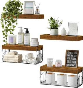 lot 7588 image: 4 Pack Wall Mounted Rustic Wood Floating Shelves, 2 Baskets, 16in
