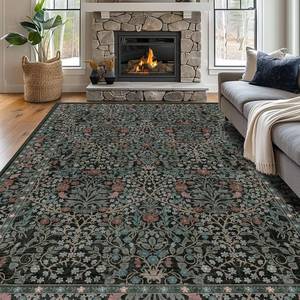 lot 7623 image: $50 8x10 Washable Area Rug Stain-Resistant Floral Non-Slip DarkGreen