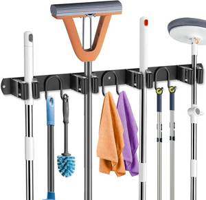 lot 7647 image: Broom Holder Wall Mount, Stainless Steel Mop Hanger with 4 Slots