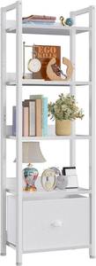 lot 7651 image: $48 Furologee 5-Tier Bookshelf with Drawer, Wood & Metal Shelf, White
