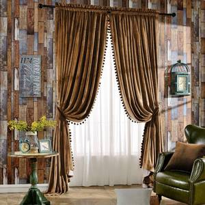 lot 7654 image: $72 Melodieux Velvet Curtains Pom Poms, 52W x 84L, Golden Brown