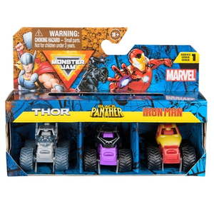 lot 40820 image: Monster Jam, Marvel Mini Monster Truck 3-Pack, Thor, Black Panther, Iron Man Die-Cast Monster Trucks