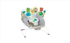 lot 42452 image: Bright Starts Playful Paradise Vibrating Baby Bouncer with Toys Detachable Toy Bar, Machine Washable Seat Pad, Calming Vibrations, 3-Point Harness
