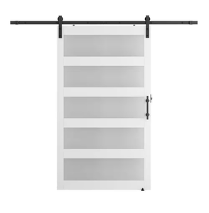 lot 7 image: White Sliding Barn Door with Frosted Glass Panels and Black Hardware Kit - Retail $200