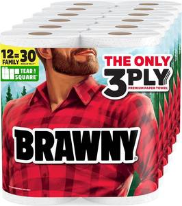 lot 297 image: Brawny Tear-A-Square 3-Ply Paper Towels, 12 XL Family Rolls  30 Regular Rolls, Strong, Absorbent, and Durable with 3 Sheet Sizes (Quarter, Half, Full) Case Pack