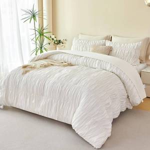 lot 5018 image: PERFEMET White Bedding Queen Size Set, 5 Pieces Fluffy Ruched Comforter (90x90), Luxury Soft Boho Chic Ruffled Bed in a Bag with Sheet, All Season Farmhouse Pleated Texture Bed Sets(White, Queen)