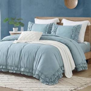 lot 5032 image: Bedorm Grayish Blue Comforter Queen Ruffled Bedding Set Shabby Chic Ruffle Fringe Boho Bedroom Decor Super Soft Cozy Blue Bedding Comforter Set