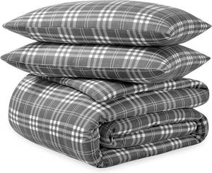 lot 5112 image: Superior Flannel Cotton Duvet Cover Set, Warm Fuzzy Comforter Cover, Cozy Soft Bedding Essentials, Secure Button Closure, Includes 1 Duvet Cover, 2 Pillow Shams, FullQueen, Stirling Plaid - GreyWhite
