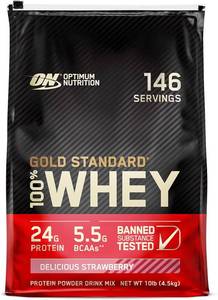 lot 7003 image: $185 Optimum Nutrition Gold Standard 100% Whey Protein Powder, Delicious Strawberry, 10 Pounds BB 32025