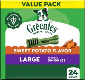 lot 7004 image: Greenies Dog Treats, Veterinarian-Recommended Natural Dental Dog Treats, Large Size, Sweet Potato Flavor, 36 oz. Pack, 24 Count BB SEP 2024