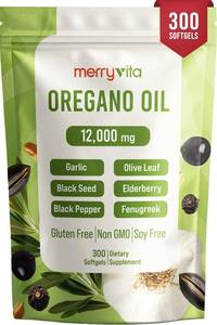 lot 7025 image: MERRY VITA Oil of Oregano with Black Seed Oil  Oregano Oil Capsules Organic, High Carvacrol   Aceite de Or gano C psulas, Immune Support Supplement   Non-GMO - 300 Softgels BB 22028