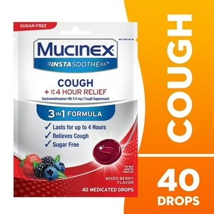lot 7057 image: Mucinex Instasoothe Sugar Free Cough Drops, Cough Medicine for Adults, Mixed Berry, 40ct BB 52027