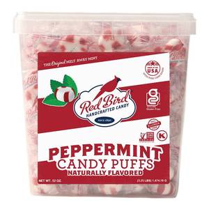 lot 7065 image: Red Bird Soft Peppermint Puffs Candy, Individually Wrapped Soft Mints, 52 oz Tub BB 32023