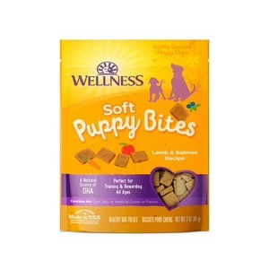 lot 7078 image: Lot of 2 Wellness Puppy Bites Healthy Grain Free Soft Puppy Treats, Lamb & Salmon, 3 Ounce Bag BB AUG 2025